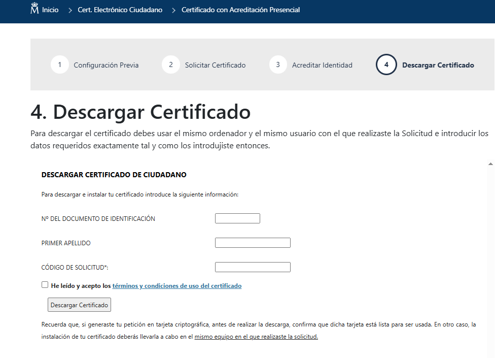 Descarga del certificado digital FNMT con código de solicitud